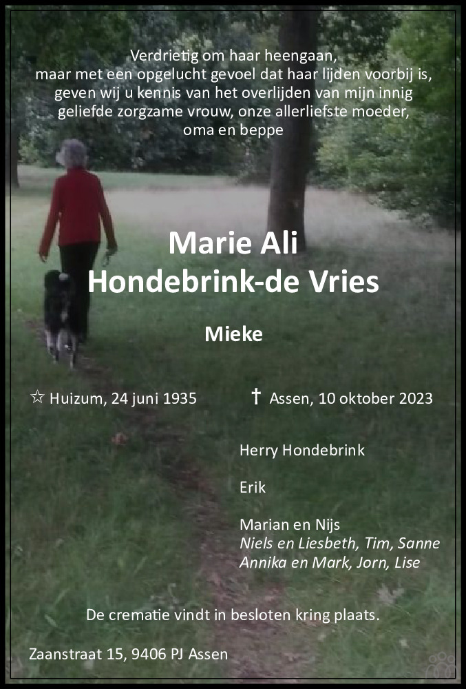 Marie Alie (Mieke) Hondebrink-de Vries 10-10-2023 overlijdensbericht en ...