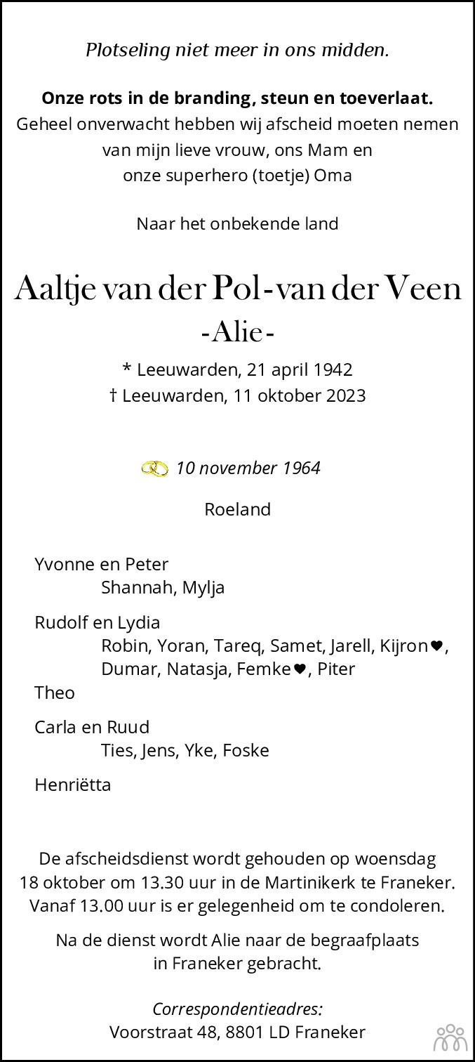 Aaltje (Alie) van der Polvan der Veen 11102023 overlijdensbericht en