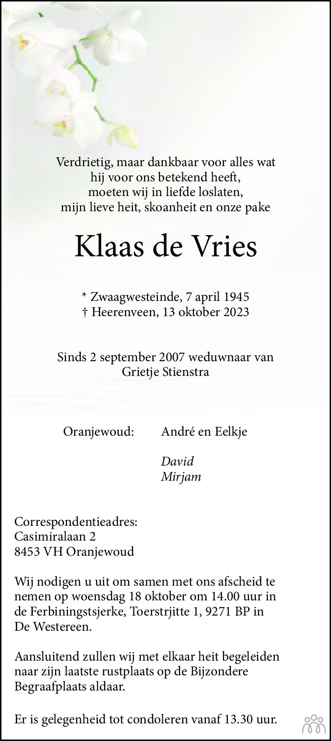 Klaas de Vries 13-10-2023 overlijdensbericht en condoleances ...