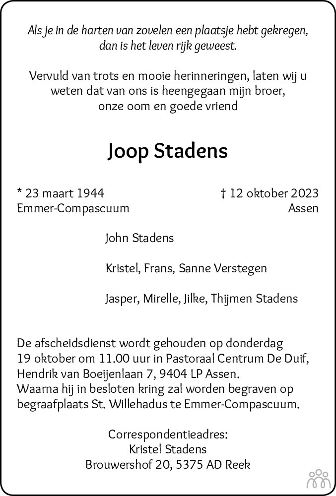 Joop Stadens 12102023 overlijdensbericht en condoleances Mensenlinq.nl