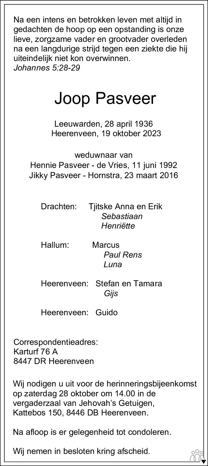 Joop Pasveer 19102023 overlijdensbericht en condoleances Mensenlinq.nl