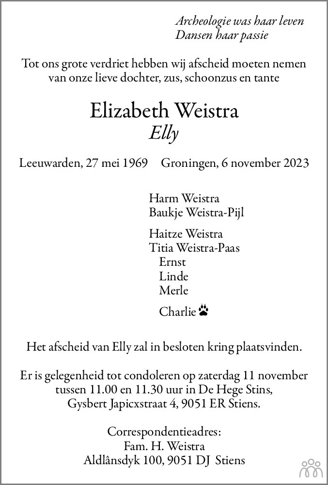 Elly (Elizabeth) Weistra 06-11-2023 overlijdensbericht en condoleances ...