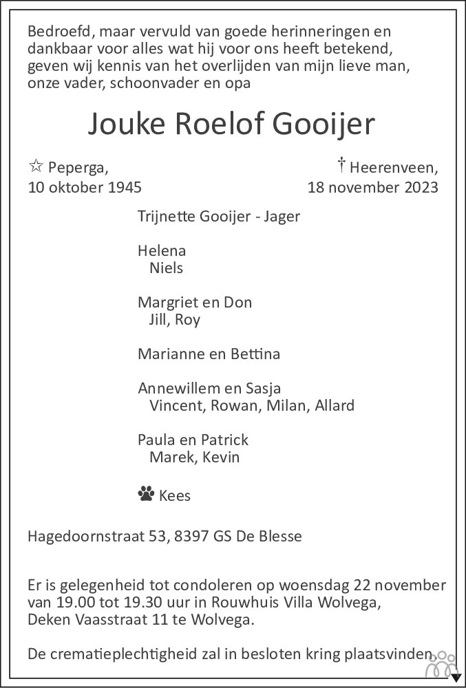 Overlijdensbericht van Jouke Roelof  Gooijer in Leeuwarder Courant