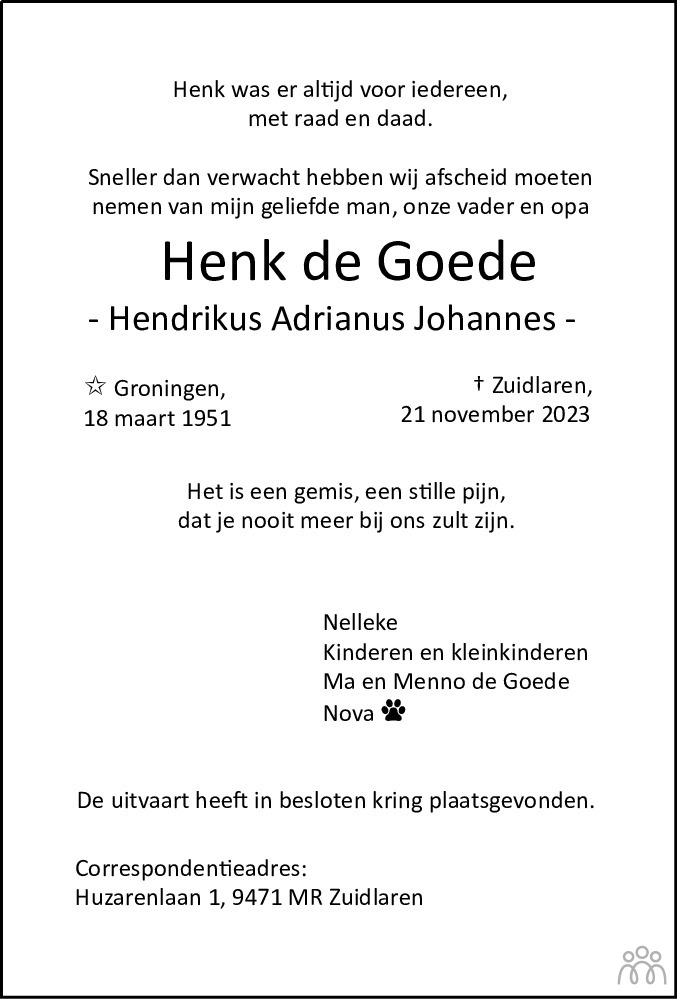 Henk Hendrikus Adrianus Johannes De Goede Overlijdensbericht En Condoleances