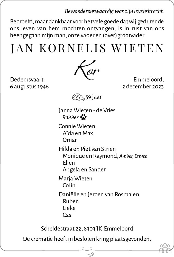 Kor (Jan Kornelis) Wieten 02122023 overlijdensbericht en condoleances