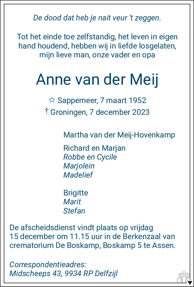 Anne van der Meij 07-12-2023 overlijdensbericht en condoleances ...