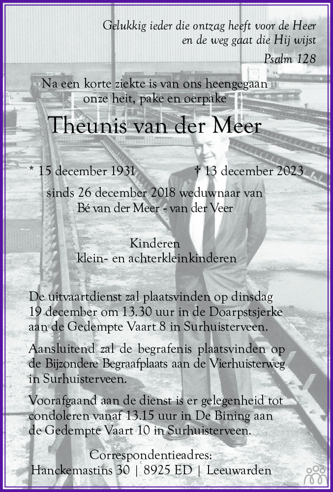 Theunis van der Meer 13122023 overlijdensbericht en condoleances