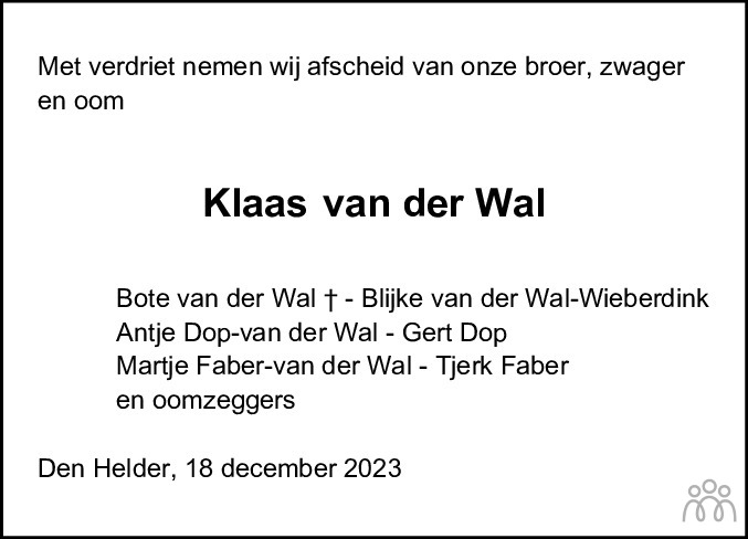 Klaas van der Wal 18-12-2023 overlijdensbericht en condoleances