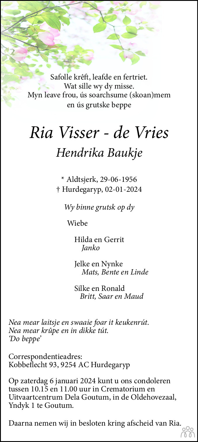 Ria (Hendrika Baukje) Visser-de Vries 02-01-2024 overlijdensbericht en ...