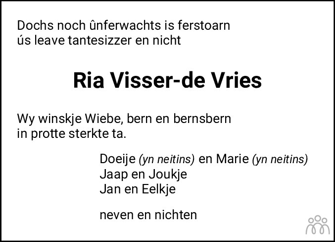 Ria (Hendrika Baukje) Visser-de Vries 02-01-2024 overlijdensbericht en ...
