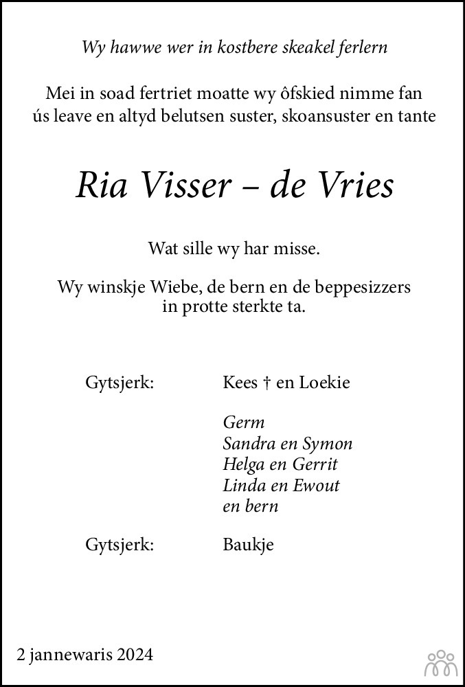 Ria (Hendrika Baukje) Visser-de Vries 02-01-2024 overlijdensbericht en ...