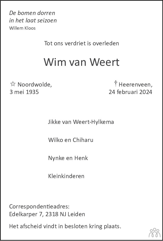 Wim van Weert 24-02-2024 overlijdensbericht en condoleances - Mensenlinq.nl