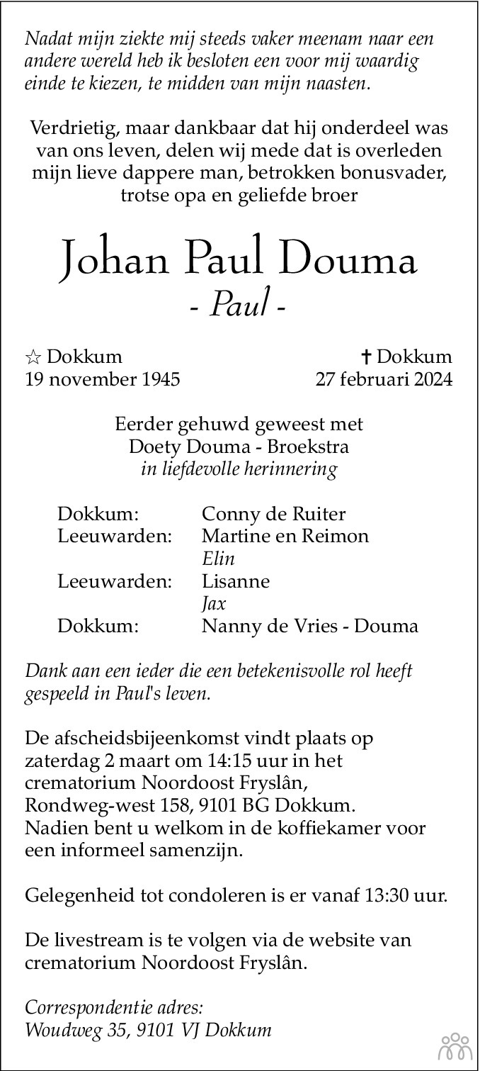 Johan Paul (Paul) Douma 27022024 overlijdensbericht en condoleances