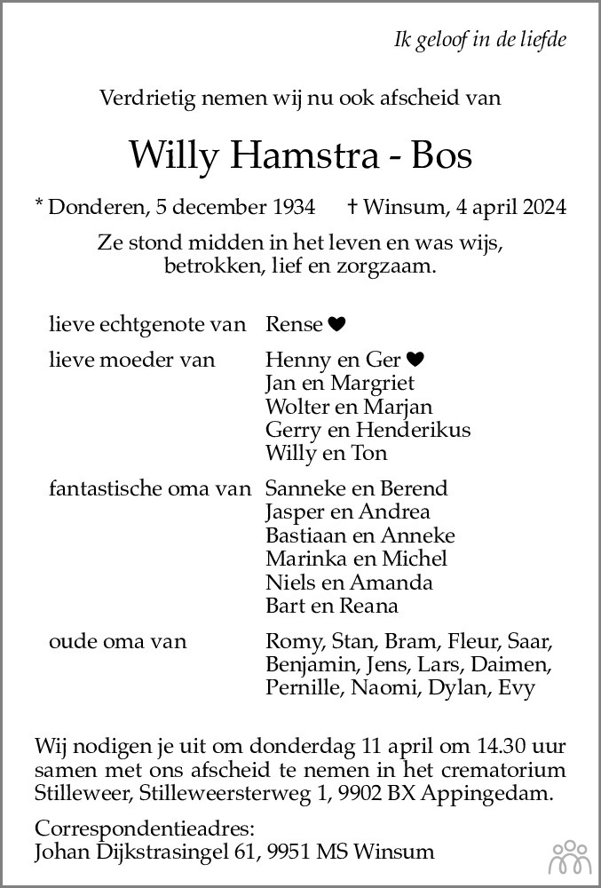 Willy HamstraBos 04042024 overlijdensbericht en condoleances