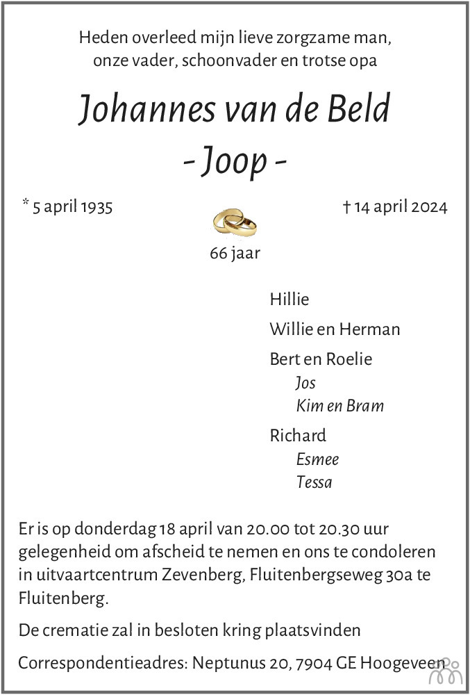 Van De Beld Ijsselmuiden Johannes (Joop) van de Beld 14-04-2024 overlijdensbericht en