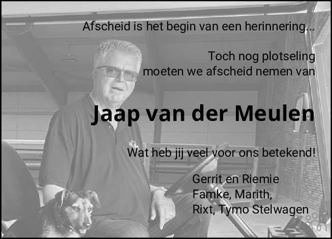 Jacob Jan (Jaap) van der Meulen 14-04-2024 overlijdensbericht en