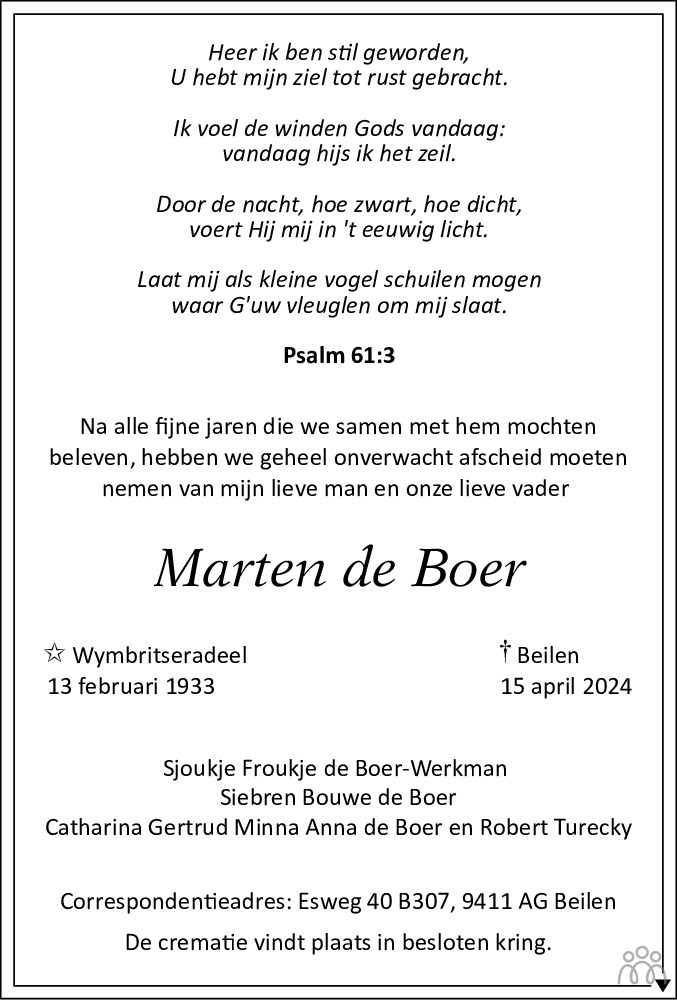 Marten de Boer 15-04-2024 overlijdensbericht en condoleances ...