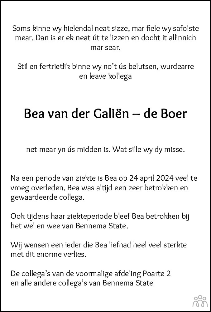 Bea van der Galiën-de Boer 24-04-2024 overlijdensbericht en ...