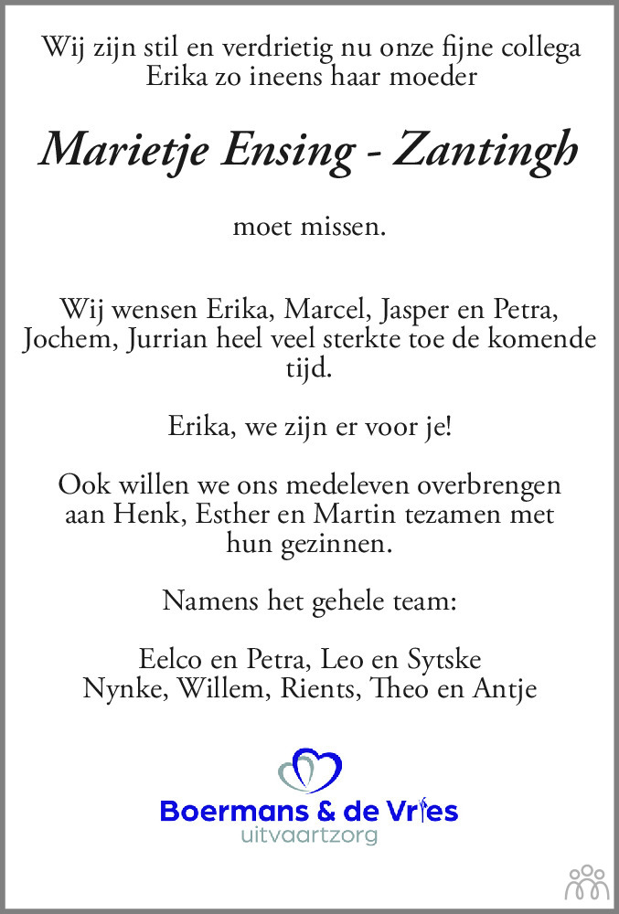 Marietje Ensing-Zantingh 02-05-2024 overlijdensbericht en condoleances ...