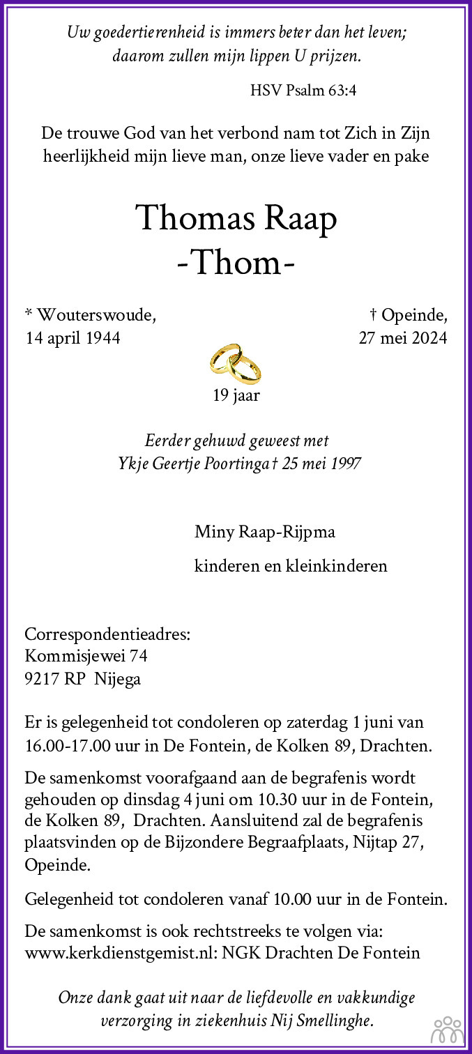 Thomas (Thom) Raap 27-05-2024 overlijdensbericht en condoleances ...