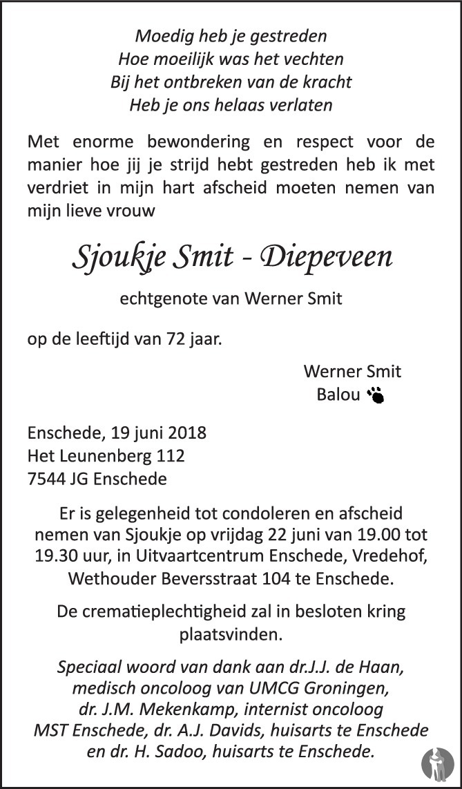 Sjoukje Smit - Diepeveen 19-06-2018 overlijdensbericht en condoleances ...