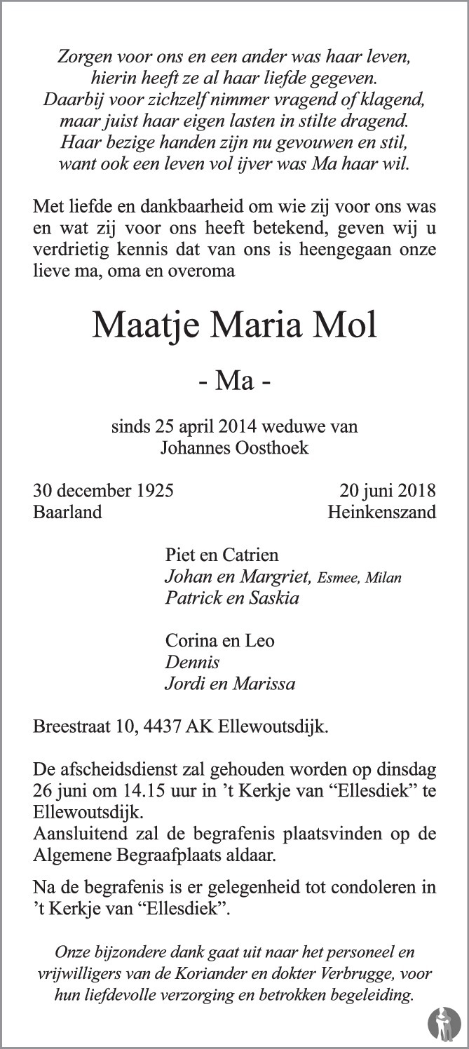 Overlijdensbericht van Maatje Maria (Ma)  Oosthoek - Mol in PZC Provinciale Zeeuwse Courant