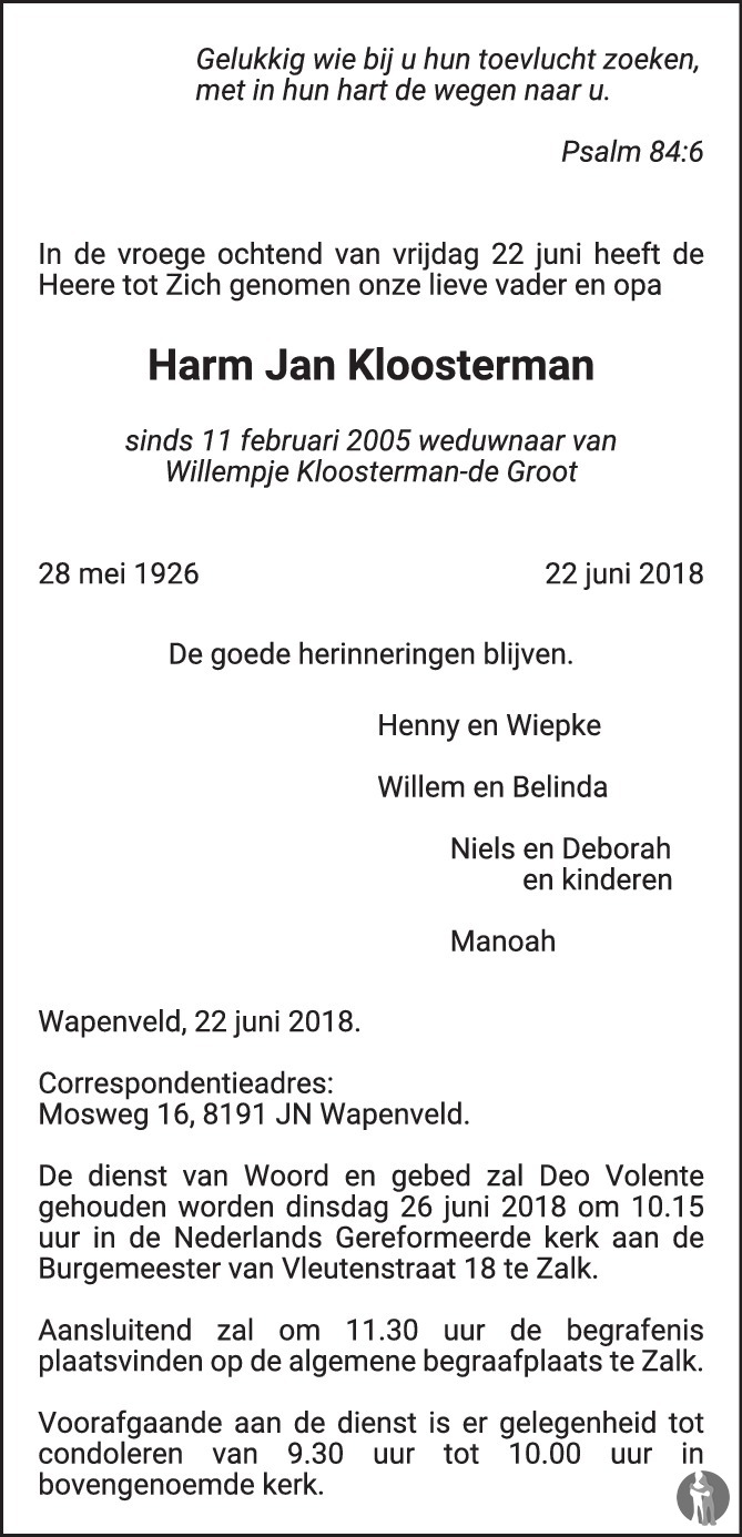 Harm Jan Kloosterman 22-06-2018 overlijdensbericht en condoleances ...