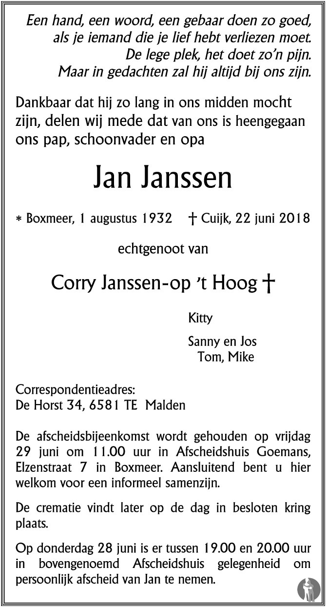 Jan Janssen 22-06-2018 overlijdensbericht en condoleances - Mensenlinq.nl