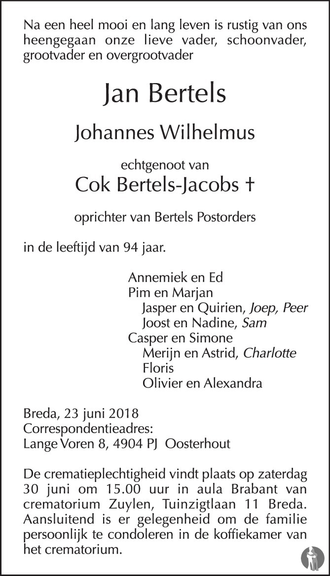 Johannes Wilhelmus (Jan) Bertels 23062018 overlijdensbericht en
