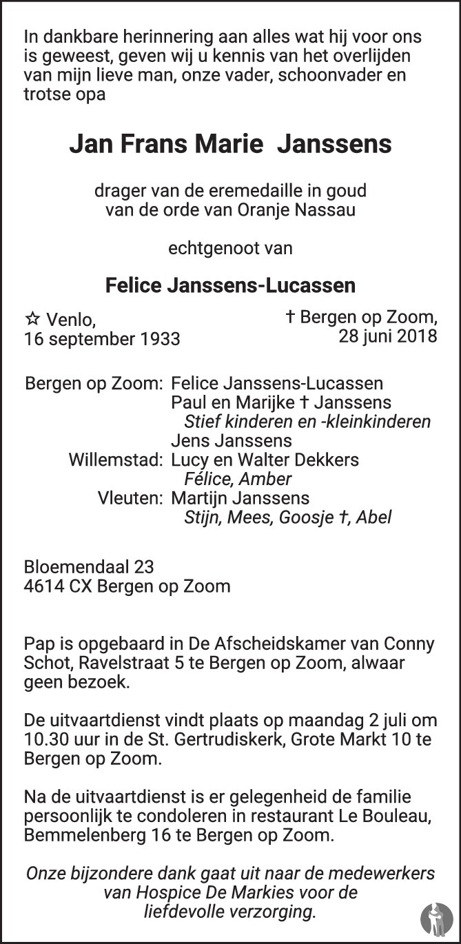 Jan Frans Marie Janssens 28-06-2018 overlijdensbericht en condoleances ...