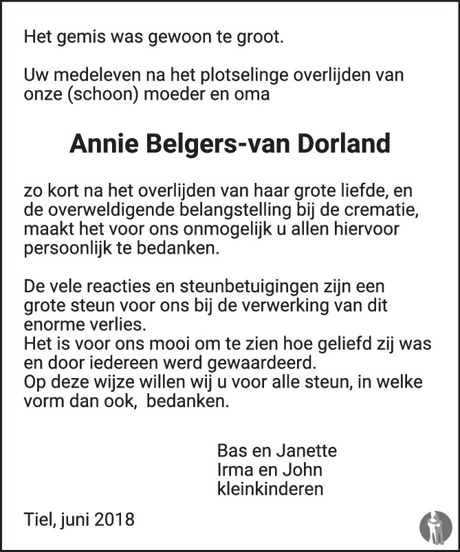 Overlijdensbericht van Annie Belgers - van Dorland in de Zakengids Tiel woensdag