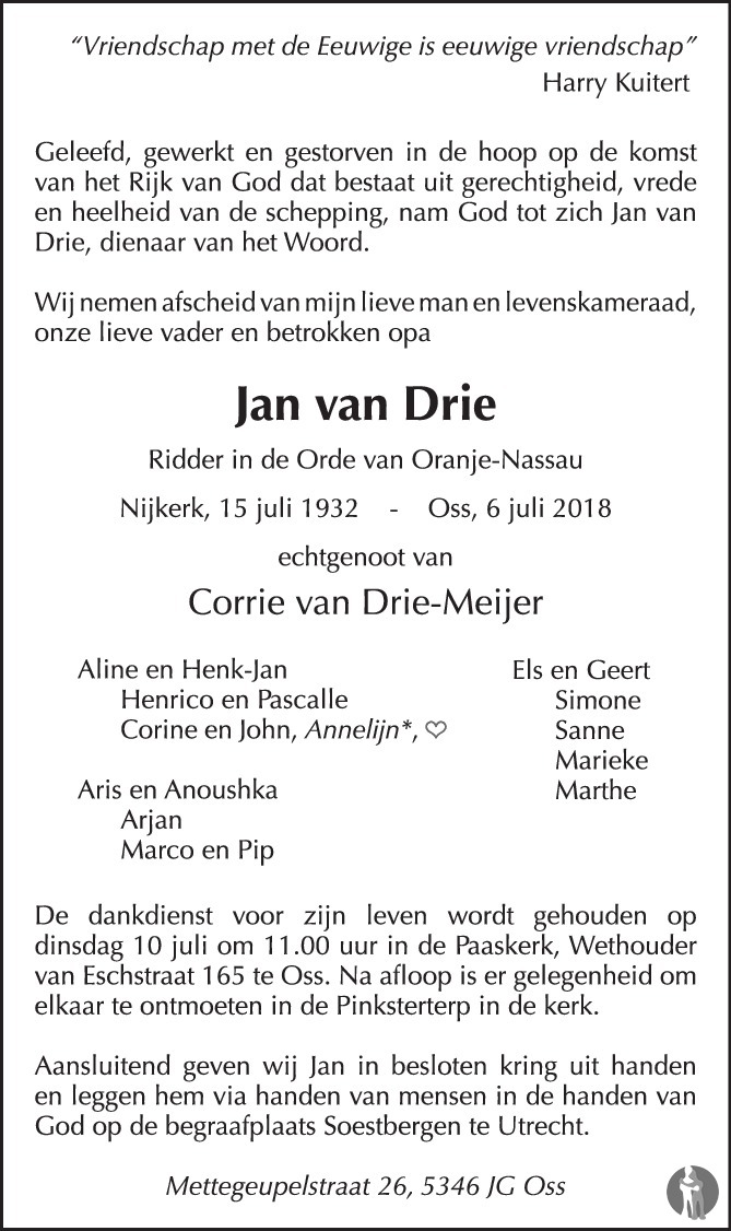 Nadruk cassette Uitbreiding Jan van Drie ✝ 06-07-2018 overlijdensbericht en condoleances - Mensenlinq.nl