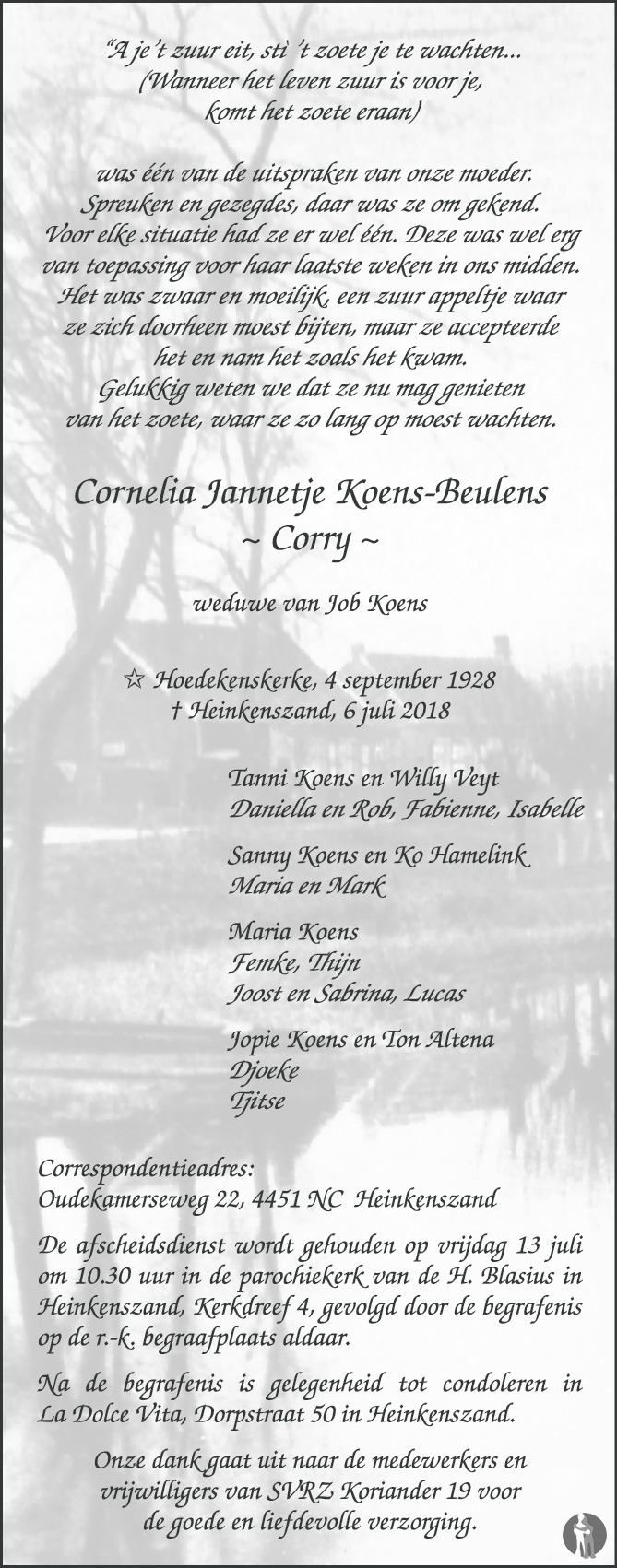 Overlijdensbericht van Cornelia Jannetje (Corry) Koens - Beulens in PZC Provinciale Zeeuwse Courant
