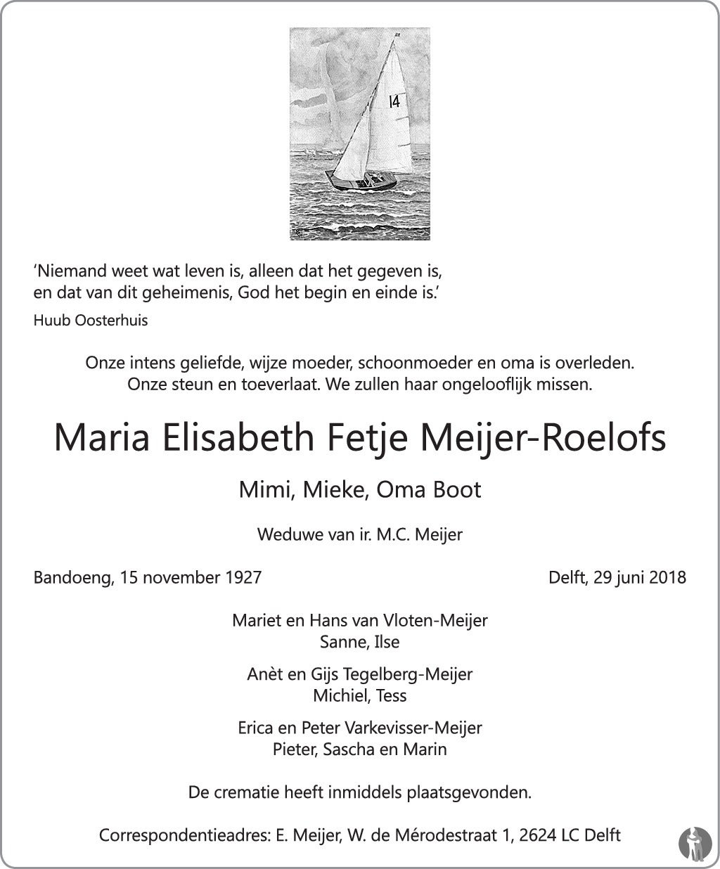 Overlijdensbericht van Maria Elisabeth Fetje Meijer - Roelofs  in Delftse Post