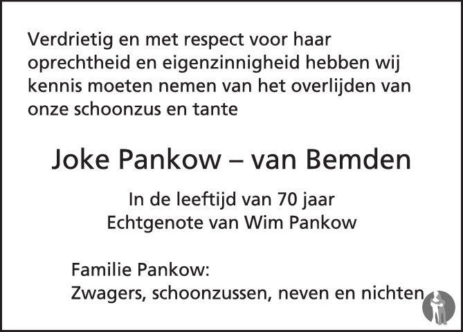 Overlijdensbericht van Joke Pankow - van Bemden in PZC Provinciale Zeeuwse Courant