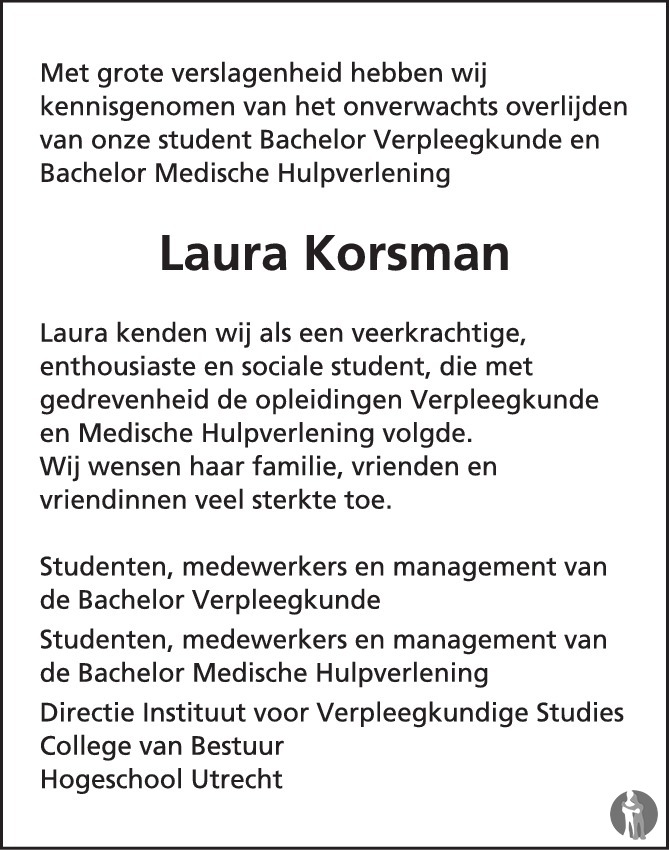 Overlijdensbericht van Laura Korsman in AD Algemeen Dagblad