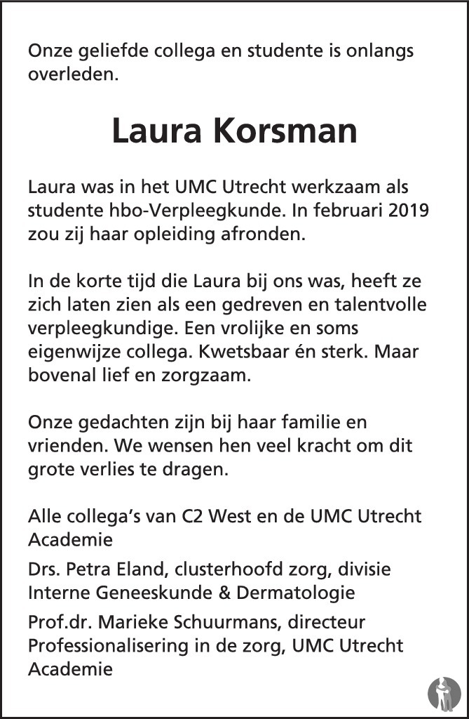 Overlijdensbericht van Laura Korsman in AD Algemeen Dagblad