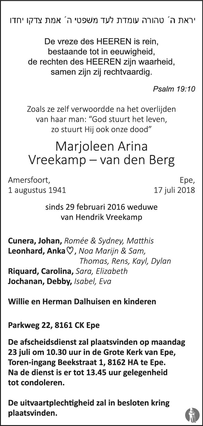 Overlijdensbericht van Marjoleen Arina Vreekamp - van den Berg in Trouw