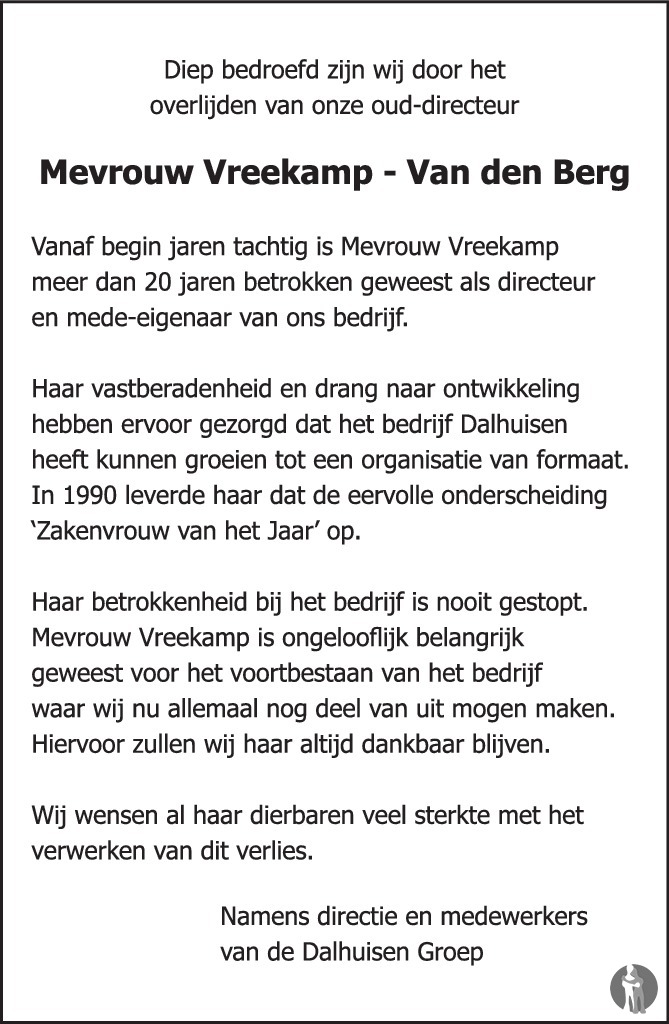 Overlijdensbericht van Marjoleen Arina Vreekamp - van den Berg in de Stentor