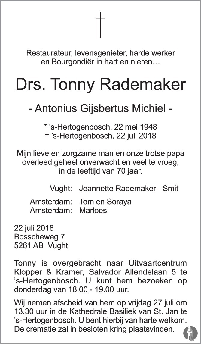 Drs. Antonius Gijsbertus Michiel (Tonny) Rademaker 22072018