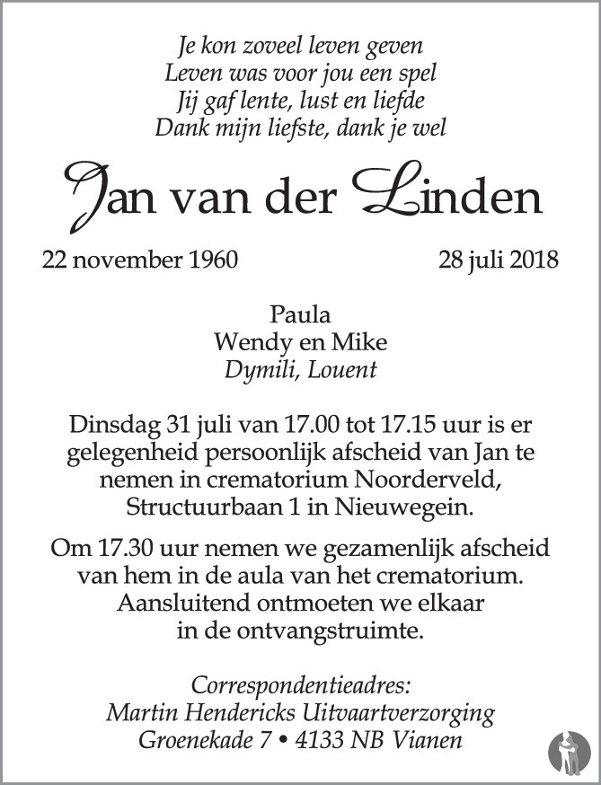 Jan van der Linden 28072018 overlijdensbericht en condoleances Mensenlinq.nl
