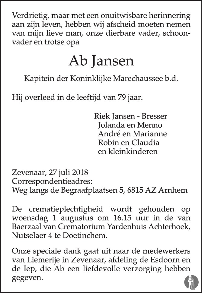 Ab Jansen 27-07-2018 overlijdensbericht en condoleances - Mensenlinq.nl