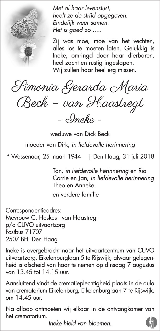 Simonia Gerarda Maria Ineke Beck Van Haastregt Overlijdensbericht En Condoleances