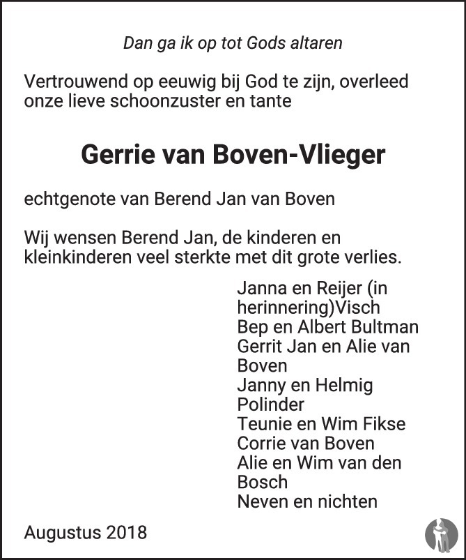 Gerrigje (Gerrie) van Boven Vlieger 02082018 overlijdensbericht en condoleances Mensenlinq.nl