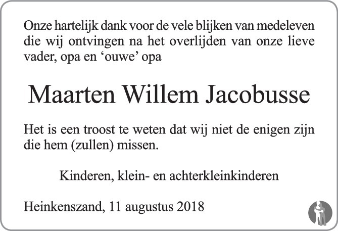 Overlijdensbericht van Maarten Willem Jacobusse in PZC Provinciale Zeeuwse Courant