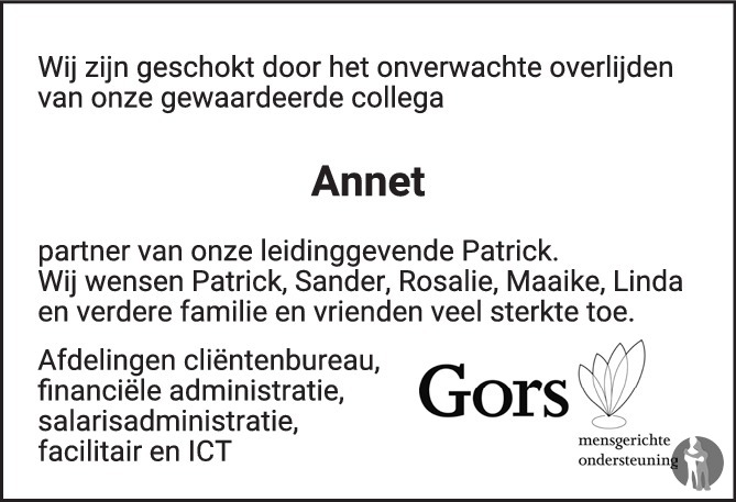 Annet de Jonge 07-08-2018 overlijdensbericht en condoleances ...