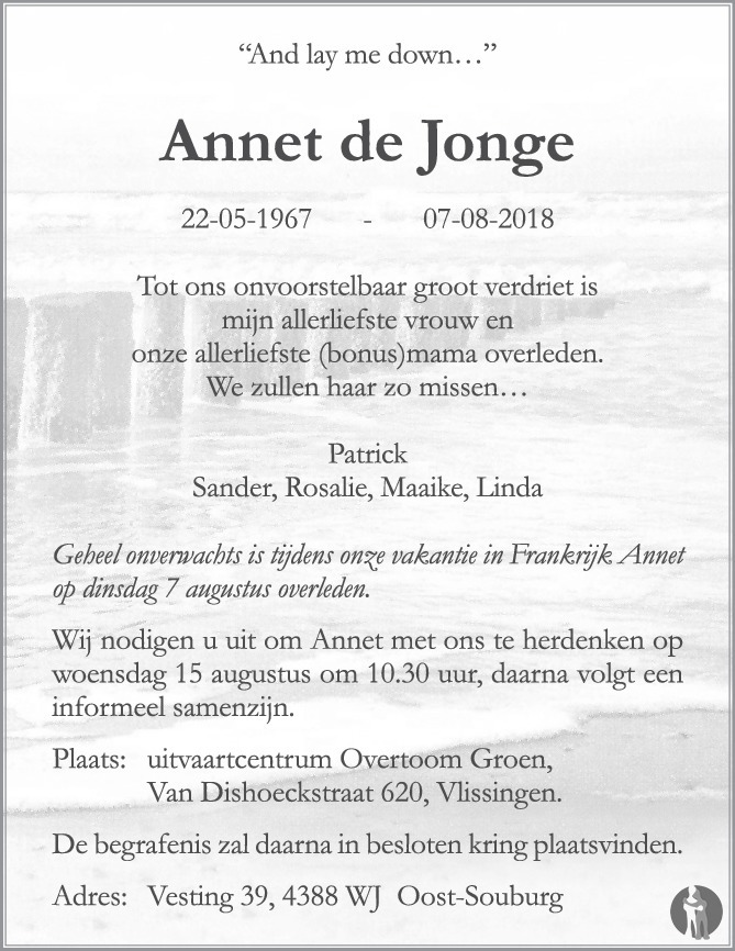 Annet de Jonge 07-08-2018 overlijdensbericht en condoleances ...