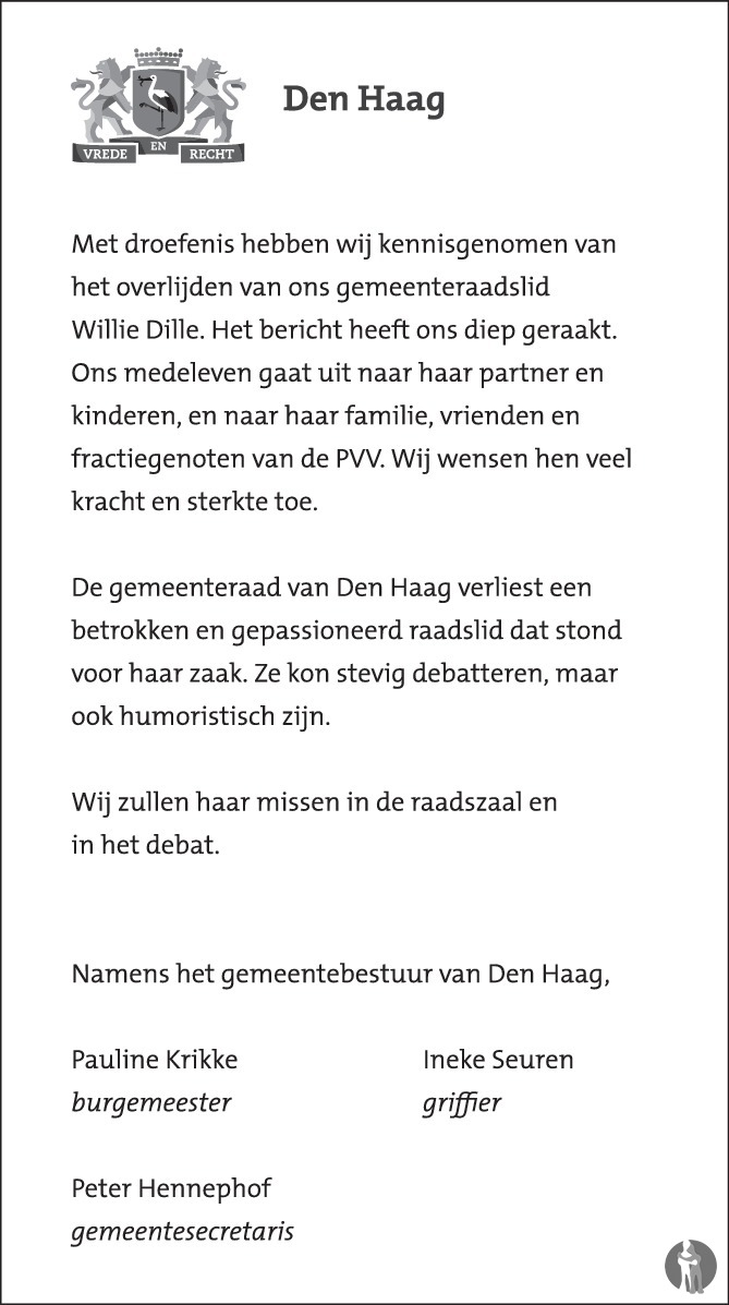Overlijdensbericht van Willie Dille in AD Algemeen Dagblad