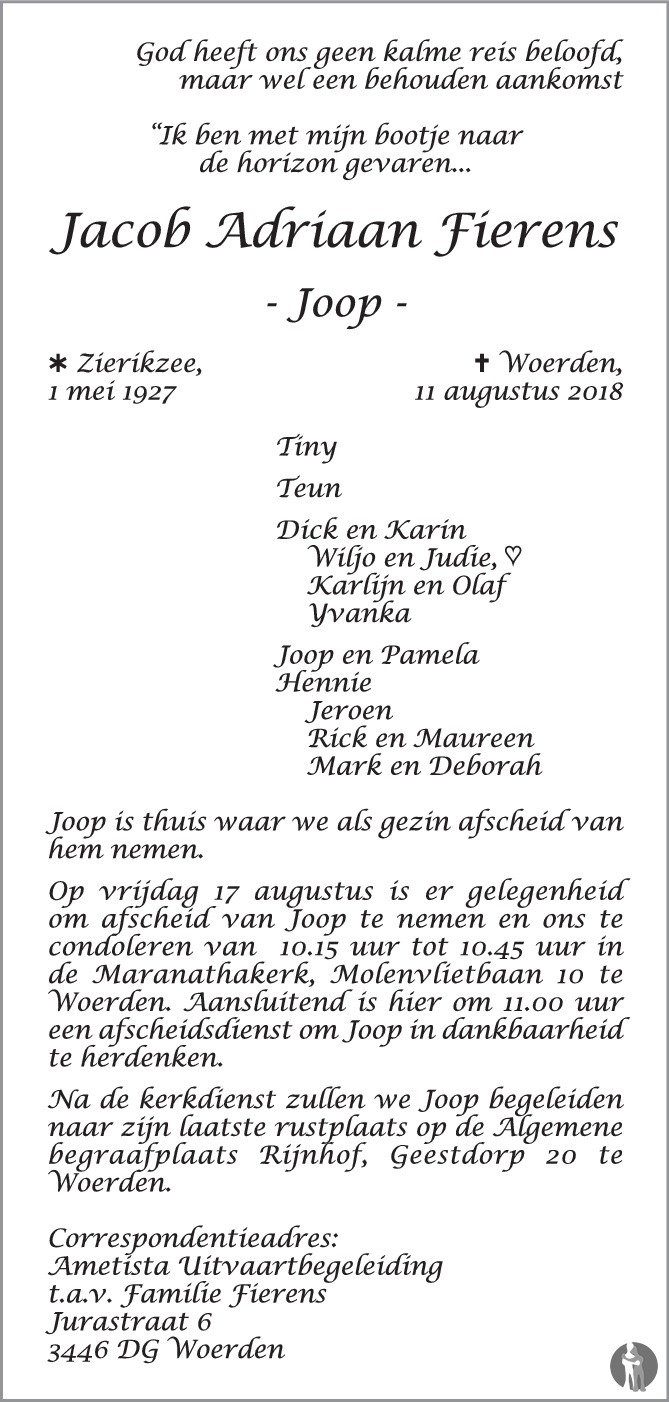Jacob Adriaan (Joop) Fierens 11082018 overlijdensbericht en