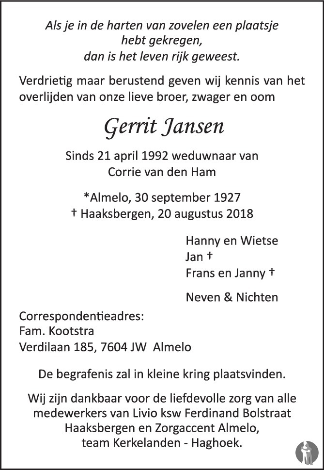 Gerrit Jansen 20-08-2018 overlijdensbericht en condoleances - Mensenlinq.nl